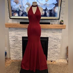 High neck crimson full length dress/evening gown